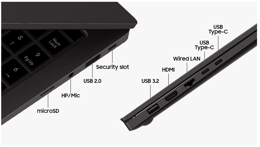 왼쪽 이미지
Security slot
usb2.0
HP/Mic
MicroSD
오른쪽사진
USB3.2
HDMI
wired LAN
usb Type-C
usb Type-C